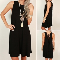 Sexy Backless Lace-up Sleeveless Round Neck Solid Color Dress