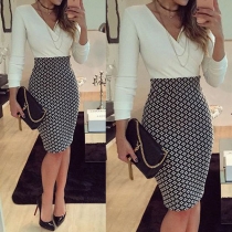 OL Style Long Sleeve Deep V-neck Printed Hem Slim Fit Dress