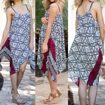 Sexy V-neck Irregular Hem Printed Sling Dress