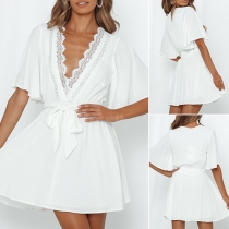 Sexy Backless V-neck Lace Spliced Dress