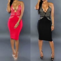 Elegant spetstoppad djup V-ringad Slim Fit festklänning