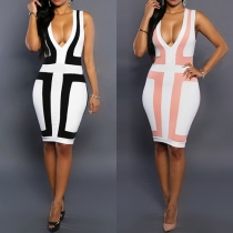 Sexy Deep V-neck Sleeveless Contrast Color Bodycon Dress