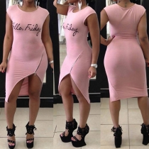 Fashion Letters Printed Sleeveless Round Neck Irregular Hem Sheath Dress