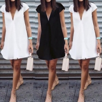 Fashion Solid Color Short Sleeve V-neck Loose Chiffon Dress
