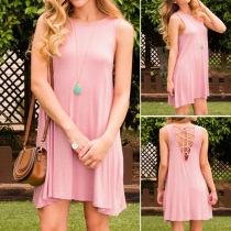 Sexy Backless Lace-up Sleeveless Round Neck Solid Color Tank Dress