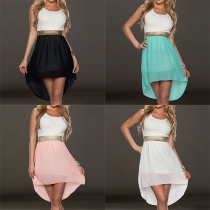 Fashion Lace Spliced Sleeveless Round Neck High-low Hem Dress