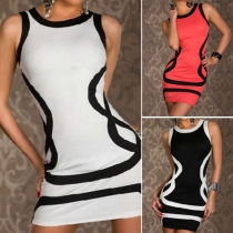 Fashion Contrast Color Sleeveless Round Neck Sheath Dress