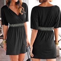 Fashion Solid Color Short Sleeve V-neck Dress