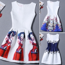 Fashion Sleeveless Round Neck Gathered Waist Printed Dress