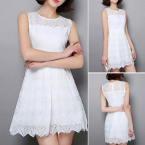 Elegant Solid Color Sleeveless Round Neck Slim Fit Lace Dress