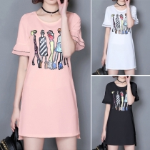 Fashion Cartoon Printed Short Sleeve Round Neck T-shirt Dress