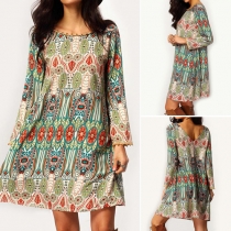 Fashion Printed Long Sleeve Round Neck Loose Dress