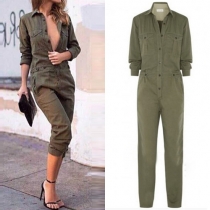Moderiktig enfärgad långärmad POLO-krage Slim Fit Jumpsuit