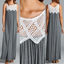 Fashion Lace Spliced Sleeveless Round Neck Maxi Dress