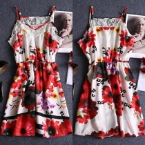 Fashion Lace Spliced Printed Sling Dress