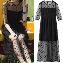 Fashion Dots Printed Gauze Spliced Half Sleeve Round Neck Maxi Dress