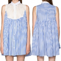 Sweet Style Mesh Spliced sleeveless Striped Shirt Dress