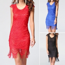 Elegant Solid Color Cap Sleeve Round Neck Slim Fit Lace Dress