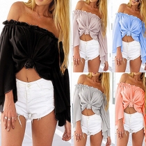 Sexy Flouncing Slash Neck Trumpet-sleeve Solid Color Tops