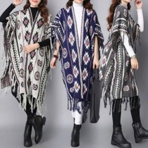 Fashion Printed Half Sleeve Tassel Chiffon Cardigan
