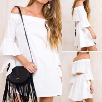 Sexy Off-shoulder Slash Neck Lotus Sleeve Solid Color Dress