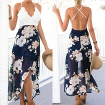 Sexy Backless V-neck Lace Spliced Irregular Printed Hem Sling Dress