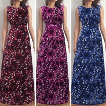 Sexy V-shaped Backless Sleeveless Round Neck Printed Maxi Dress