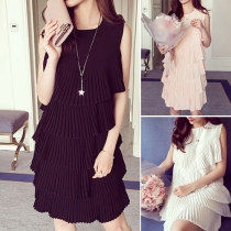 Elegant Solid Color Sleeveless Round Neck Pleated Dress