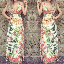 Sexy Deep V-neck Printed Sling Maxi Dress
