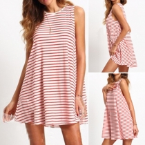 Fashion Sleeveless Round Neck Loose Striped Dress