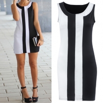 Fashion Contrast Color Sleeveless Round Neck Mini Dress