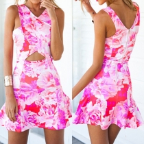 Fashion Floral Print Cutout A-Line V-Neck Sleeveless Mini Dress