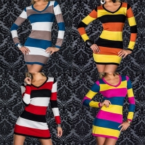 Fashion Long Sleeve V-neck Slim Fit Striped Dress