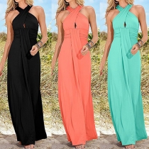 Sexy Backless High Waist Solid Color Crossover Halter Dress