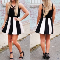 Sexy Backless V-neck Striped Spliced Sling Dress