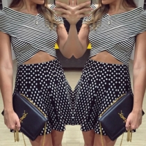 Sexy Crossover Striped Tops + High Waist Dots Printed Skirt Two-piece Set