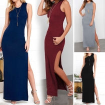 Fashion Solid Color Sleeveless Round Neck Slit Hem Maxi Dress