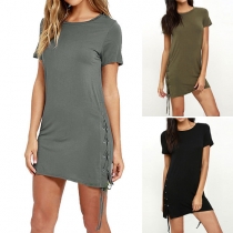 Fashion Solid Color Short Sleeve Round Neck Lace-up Hem Dress