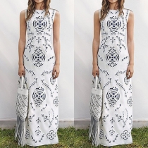 Bohemian Style Sleeveless Round Neck Printed Maxi Dress