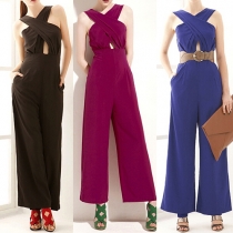 Sexy Backless High Waist Solid Color Crossover Jumpsuits
