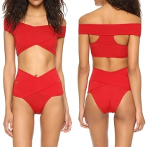Sexy Solid Color High Waist Crossover Bikini Set