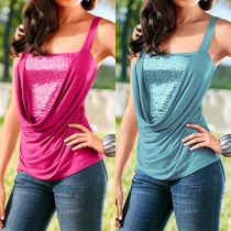 Fashion Sequin Spliced Cowl Neck Solid Color Tops 