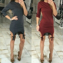 Fashion Half Sleeve Round Neck Lace Spliced Irregular Hem Dress
