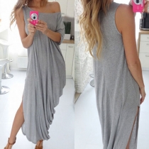 Sexy Off-shoulder Irregular Slit Hem Solid Color Dress