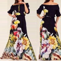 Sexy Slash Neck Half Sleeve Printed Maxi Dress