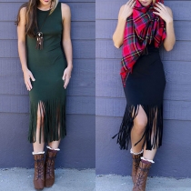 Fashion Solid Color Sleeveless Round Neck Tassel Hem Dress