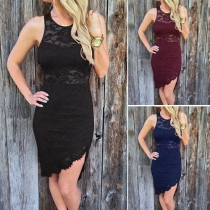Sexy Sleeveless Round Neck Irregular Hem Slim Fit Lace Dress