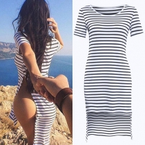 Fashion Short Sleeve Round Neck High-low Slit Hem Striped T-shirts