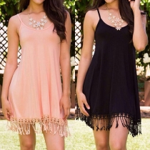 Fashion Solid Color Tassel Hem Sling Dress