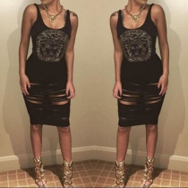 Fashion Printed Sleeveless Round Neck Ripped Dress